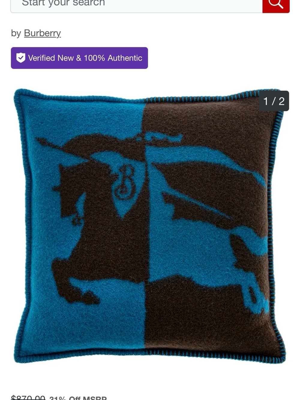 Burberry Teal Blue & Dark Brown Equestrian Wool Throw Pillow